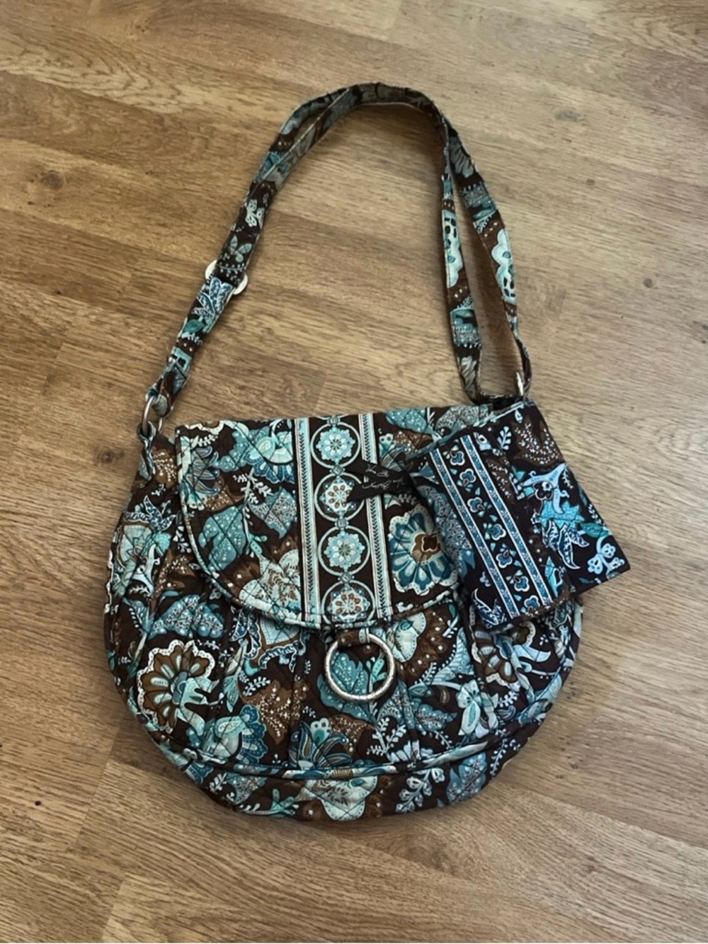 Vera Bradley Brown & Teal Quilted Floral Paisley Crossbody with Ring Accent